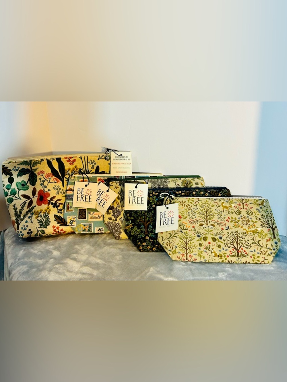 Be Free Fabric Works Zipper Pouch Bundle Handmade Floral Cosmetic Bags NWT